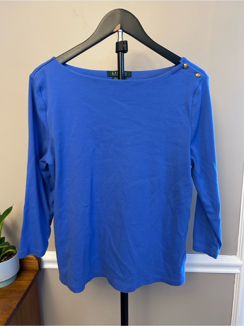Ralph Lauren Royal Blue Boatneck Long Sleeve Top with Gold Shoulder Buttons